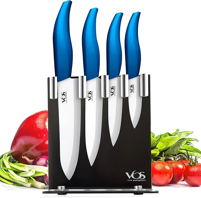 Vos Ceramic Knife Set with Block, Ceramic Knives Set For Kitchen, Ultra Sharp Kitchen Knife Set with Covers, 3" 4" 5" 6" Chef Knife, Utility, Paring & Versatile, Lightweight, Dishwasher safe (Blue)