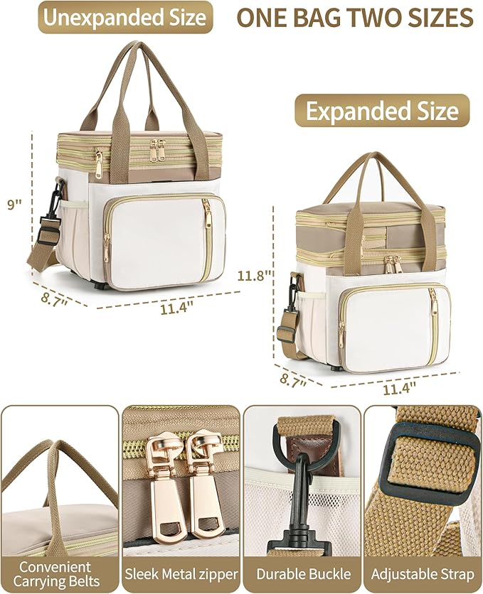 LOKASS Lunch Box for Women-Double Deck Insulated Adults Lunch Bag with Removable Shoulder Strap- Cute Wide Open Lunch Tote for Work/Office/Picnic/Beach/Travel (Brown)