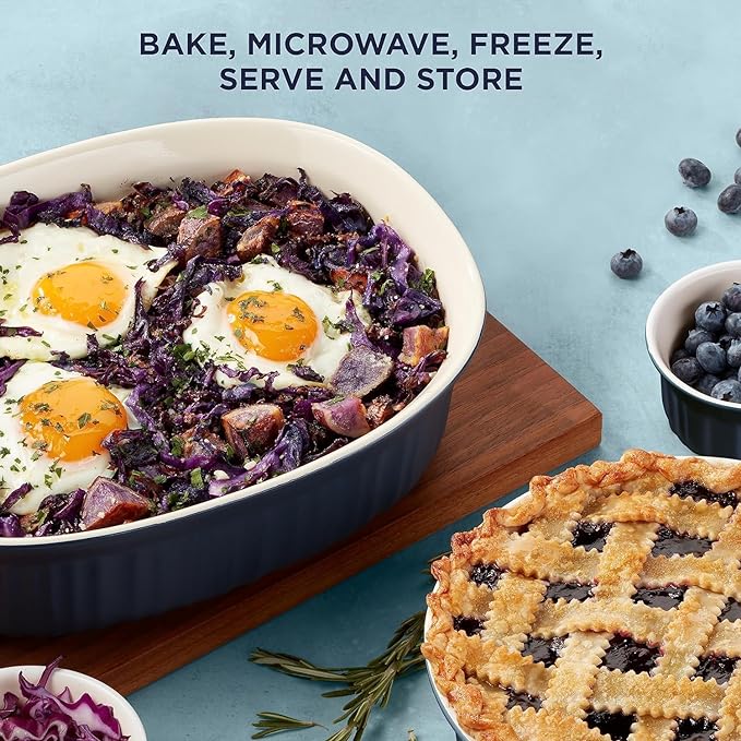 CorningWare Ceramic Bakeware Set with Lids Chip and Crack Resistant Stoneware Baking Dish, Microwave, Dishwasher, Oven, Freezer and Fridge Safe, 10-Piece French Navy