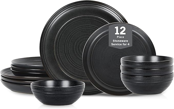 Stone Lain Elio 12-Piece Dinnerware Set Stoneware, Plates and Bowls Set, Dish Set for 4, Black