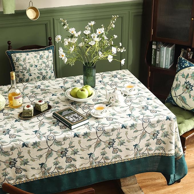 patdrea Designer Green Linen Table Cloth for Rectangle Table,Vintage Floral Pattern Durable Tablecloth,French Cover Decor for Kitchen Dining,Christmas,Thanksgiving,Tea Party,63"x87"-Noah