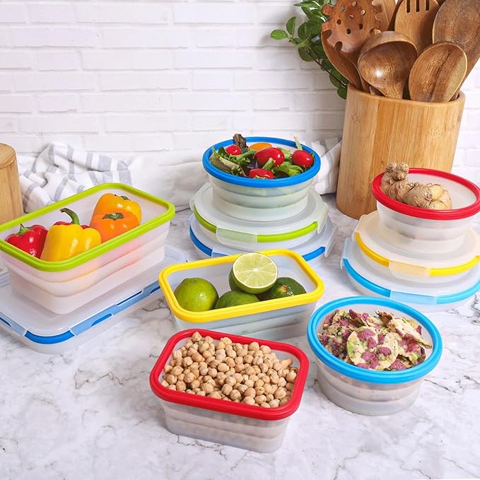 ECOBERI Collapsible Silicone Food Storage Containers, BPA Free, Microwave, Freezer and Dishwasher Safe, Lunch, Meal Prep, Travel, Space-Saving, Set of 5