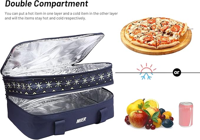 MIER Insulated Double Casserole Carrier Bag for Lasagna Lugger, Potluck Parties, Picnic, Beach, Fits 9 x 13 Inches Baking Dish, Casserole Dish, Expandable, Dark Blue