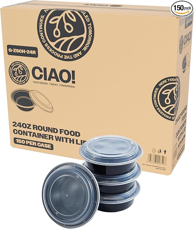 CIAO! 24oz Heavy Weight Injection Molded Microwavable Black Round Food Container with Lid (150/case)