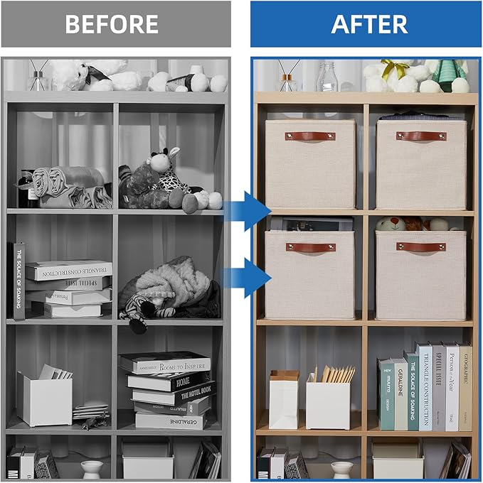 Temary 11x11 Storage Cubes Fabric Storage Cubes Storage Bins with Dual Leather Handles Canvas Storage Boxes for Organizing Home, Shelf, Closet (Beige, 11 x 11 x 11)