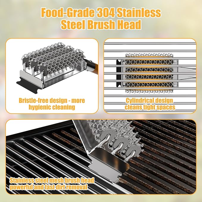 HOUSE AGAIN Grill Brush and Scraper Bristle Free with 3 Replacement Head 304 Stainless Steel Food-Grade Grill Accessories, Safe BBQ Cleaner Brush Strong Barbecue Cleaning Brush for Outdoor Grill Grate