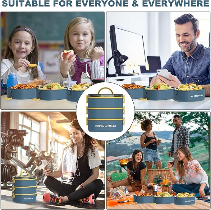 Lunch Box, Stackable 3 Layers Containers, Portable 94OZ Large Capacity Leakproof Bento Box with Spoon & Fork & Sauce Boxes, Microwave Safe Lunch Box for Kids and Adults