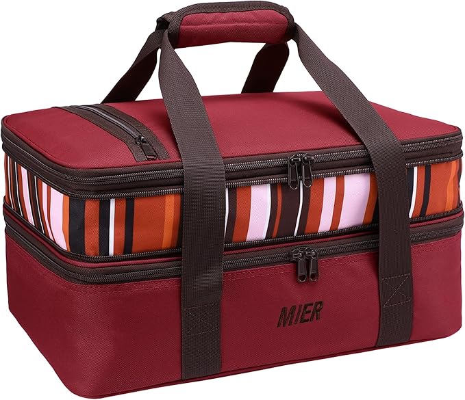 MIER Insulated Double Casserole Carrier Thermal Lunch Tote for Potluck Parties, Picnic, Beach, Fits 9 x 13 Inches Casserole Dish, Expandable by Mid Zipper, Burgundy
