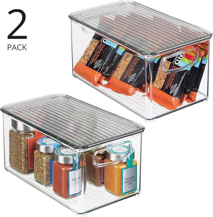 mDesign Plastic Deep Storage Bin Box Container with Lid and Built-In Handles - Organization for Fruit, Snacks, or Food in Kitchen Pantry, Cabinet, Cupboard, Ligne Collection, 2 Pack, Clear/Smoke Gray
