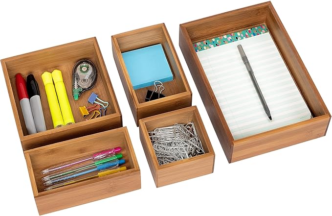 Seville Classics Bamboo Premium Organizer Storage Bins for Kitchen Silverware, Pantry, Closet, Office Desk, Pens, Utensils, Makeup, K Cup, Bamboo, Bin Set (5 Piece)