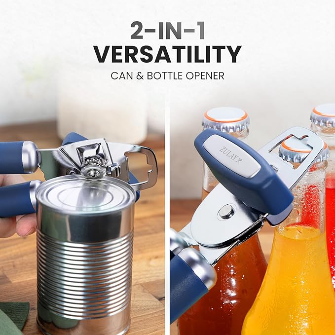 Zulay Kitchen Heavy Duty Stainless Steel Can Opener Manual with Bottle Opener - Rust Proof Manual Can Opener With Turn Knob & Comfy Soft Grip Handles - Blue