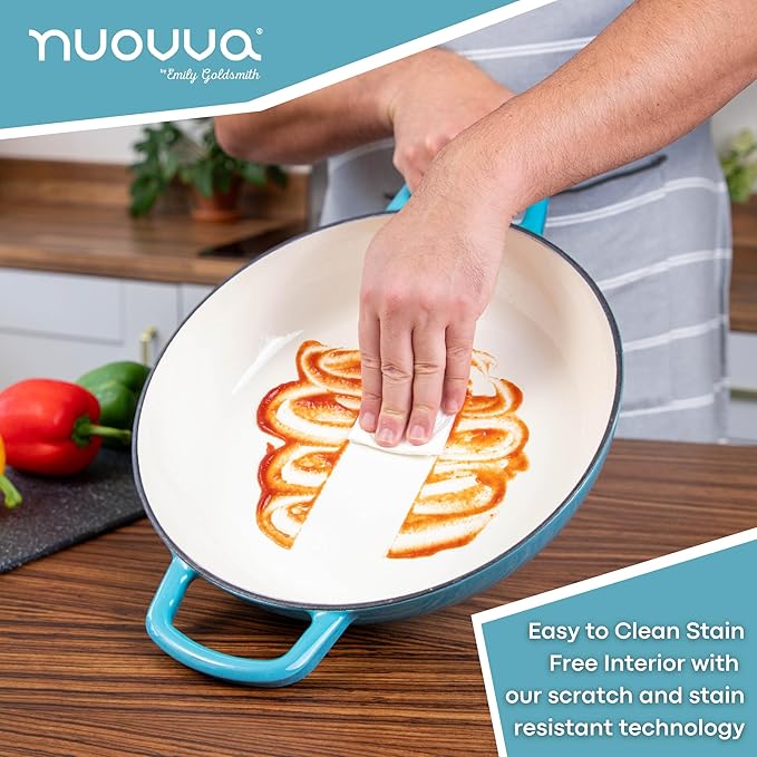 Shallow Cast Iron Casserole with Lid – Non Stick Dutch Oven Pot, Oven Safe up to 500° F – Sturdy Ovenproof Stockpot Cookware – Enamelled Cooking Pot – Blue, 5-Quart, 32cm – by Nuovva