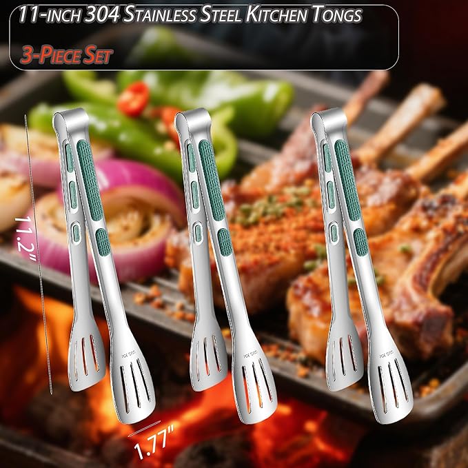 Stainless Steel Kitchen Tong Set - Anti-Slip Heat-Resistant Grip, Widened 3-Line Slotted Heads for Easy Clamping (Steaks, BBQ, Pasta, Salads), Easy Clean for Versatile Use Set of 3-11", Green