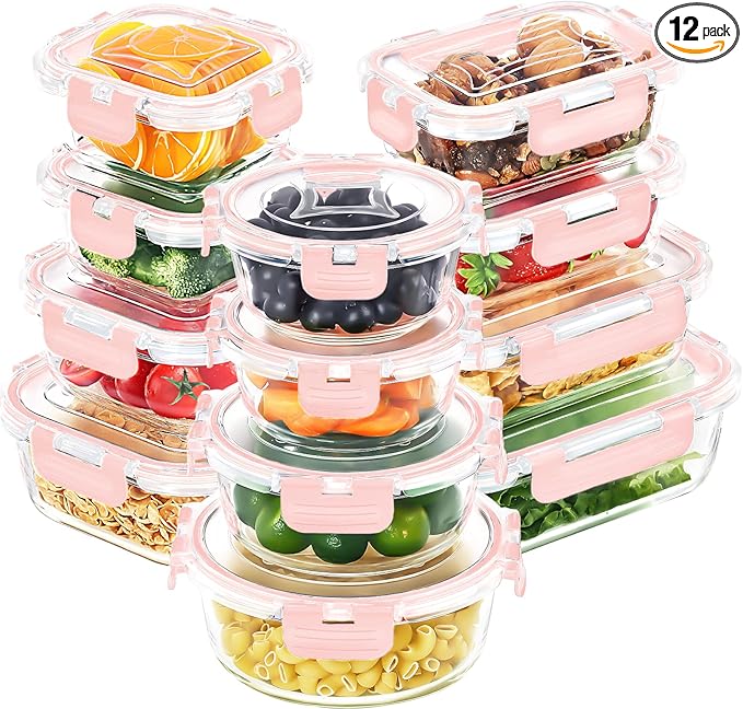 Skroam 12 Pack Glass Food Storage Containers with Lids, Meal Prep, Pantry Kitchen Storage Containers for Lunch, Leak Proof, Airtight Glass Lunch Bento Boxes for Microwave, Oven, Freezer, Pink