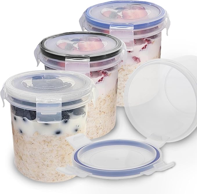 Overnight Oats Container with Lids (4-Piece set) - 16 oz Plastic Containers with Lids - Oatmeal Container to go | Portable Cereal and Milk Container on the go | Airtight Snap Lock Storage Jars