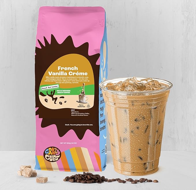 Crazy Cups Decaf Flavored Ground Coffee, French Vanilla Crème, Brew Hot or Iced Coffee, 10 Oz Bags, 3 Pack
