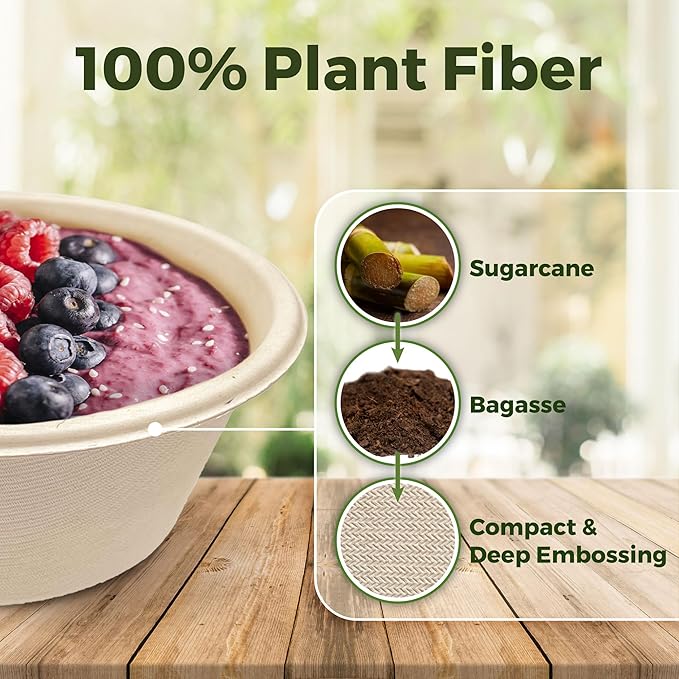 [125 Count]Harvest Pack Compostable Paper Bowls, 16oz PFAS FREE Round Biodegradable Bowl, Heavy-Duty Eco-Friendly Disposable, Sugarcane Bagasse Natural plant fibers Takeout, Alternative to Plastic