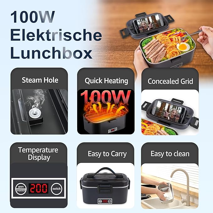 Nifogo Electric Lunch Box for Adults 100W with Temperature Display Heated Lunch Box Food Warmer LunchBox 1.8L Stainless Steel Container&Bag 12V/24V/110V for Car/Truck/Work(Black)