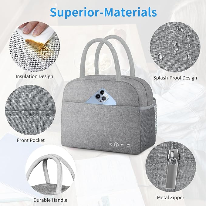DALINDA Lunch Bag Lunch Box for Women Men Reusable Insulated Cooler Lunch Tote Bags, Leakproof Cute LunchBag Large Capacity for Work Travel Picnic,Grey