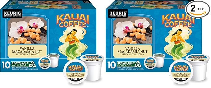 Kauai Coffee K-Cup Pods for Keurig Brewers – Arabica Coffee, 10% Hawaiian – Medium Roast, Vanilla Beans with Toasted Macabamia Nuts – Vanilla Macadamia Nut, 2 Pack of 10 Single Serve K-Cups