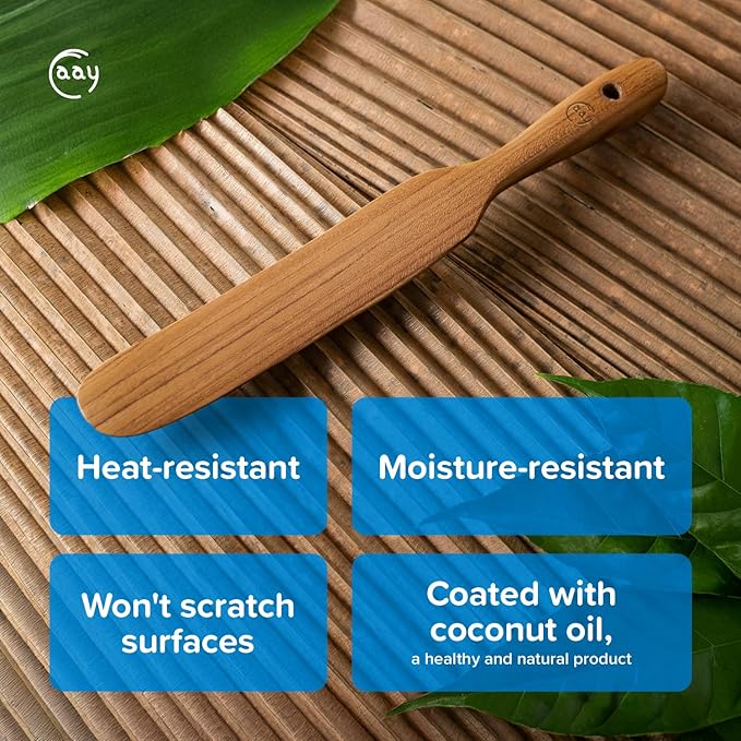 FAAY Handmade Teak Spurtle for Sourdough Starter – Wooden Stirring Stick & Mixing Tool for Deep Jars | Nonstick-Safe, Finished with Coconut Cooking Oil, Crafted in Thailand