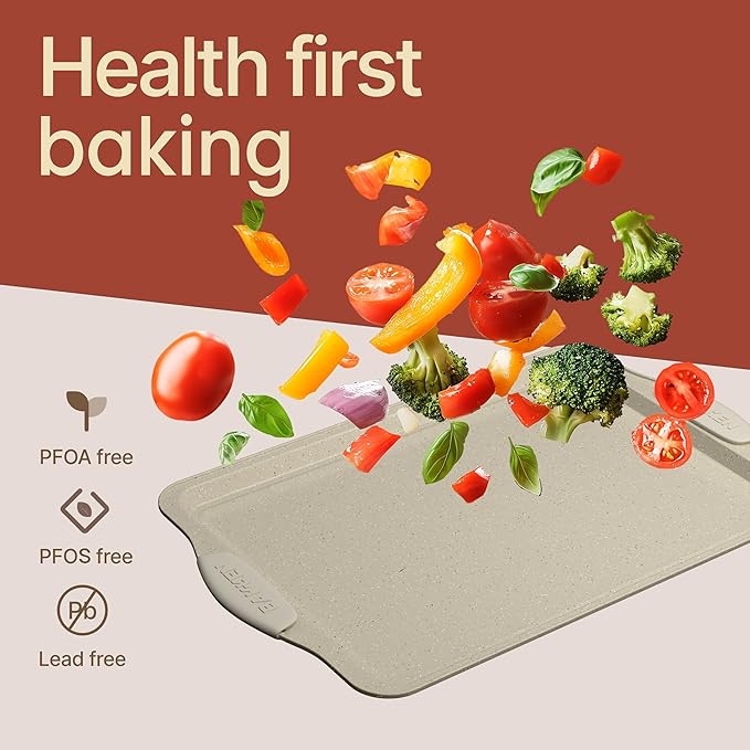 BAKKEN Cookie Sheets for Baking Nonstick Set - 3-Piece Stackable Carbon Steel Baking Sheet Pans Set with Silicone Handles, Non Toxic Cookie Sheets for Baking Bakeware Set - White Marble