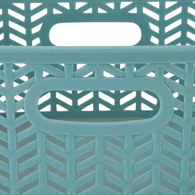 Simplify 3 Pack Small Herringbone Storage Basket, Dimensions: 10"x8"x4", Herringbone Design, Light Weight, Great for Bathroom, Kitchen, Office, Closet, 2 Open Handles, Dusty Blue
