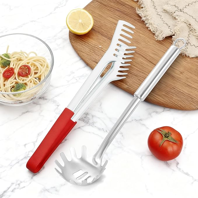 Spaghetti Spoon and Spaghetti Tong - 12 Inch Heat-Proof Handle Spaghetti Fork and Kitchen Tong, Non-stick, Easy Storage and Dishwasher Safe Utensils for Cooking, Ergonomic Design