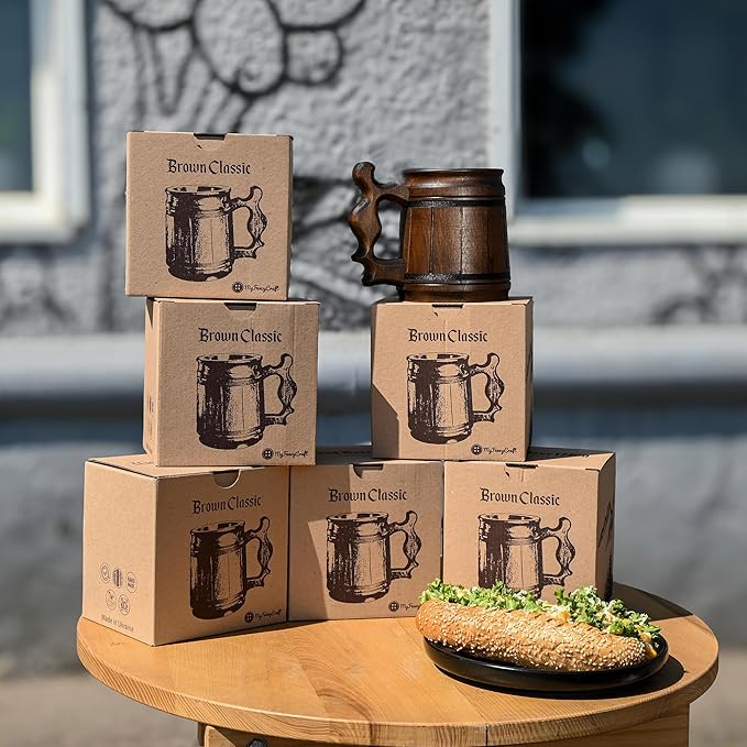 Set of 6 Beer Mug 10 OZ - Coffee Mug - Beer stein - Wooden beer mug - Stainless Steel Cup - Handmade Gifts for Men - Fathers Day, Christmas or Birthday Gift Idea - Men Mug - Classic Brown