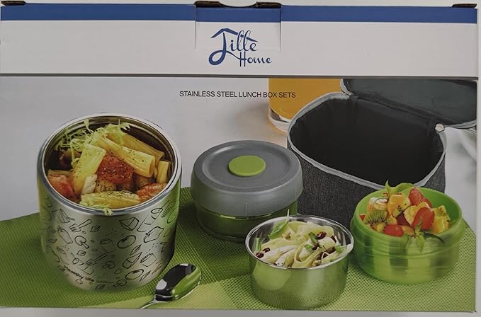 Lille Home Portable Insulated Lunch Box Set with Stainless Steel Cutlery, vacuum lunch box, to Keep Food Warm or Cool, Two Containers for Fruits and Sauces, Durable and Leak-Proof(GREY)