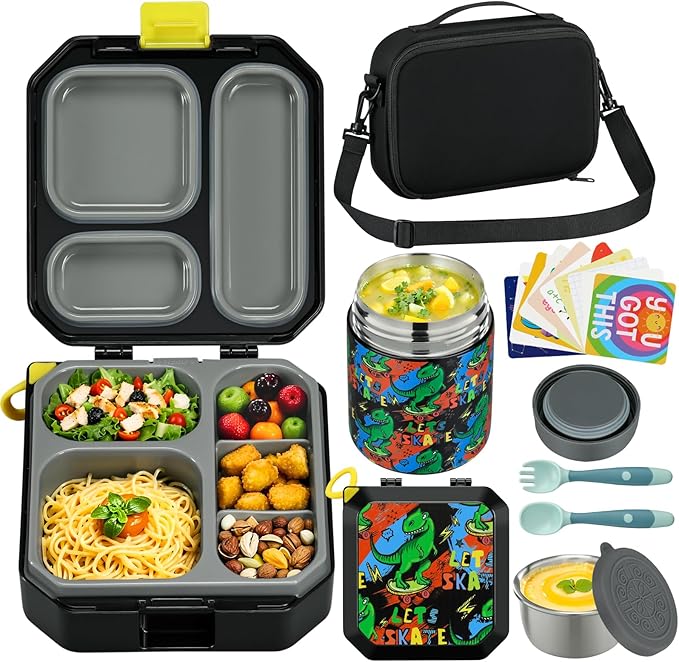 Itslife Bento Lunch Box Set for Kids with 12oz Soup Thermo&Lunch Bag, Leak-Proof Lunch Food Containers for Kids School, 5 Compartment, Sauce Cup, 10 Notes (Dinosaurs Black)