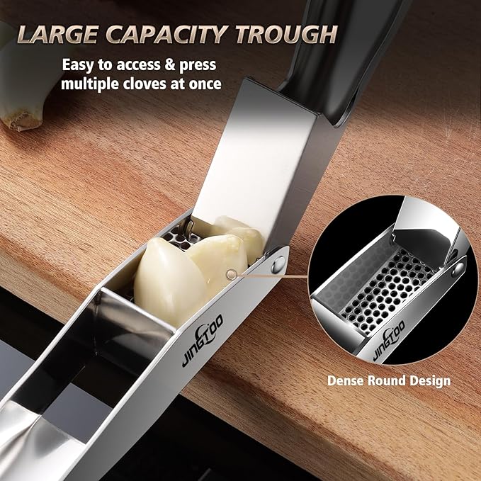 Garlic Press Stainless Steel, Premium Garlic Mincer - 5 Years Warranty - No Need to Peel Garlic Crusher, Ginger Masher & Presser Large Trough Ergonomic Handle, Easy Squeeze，Dishwasher Safe