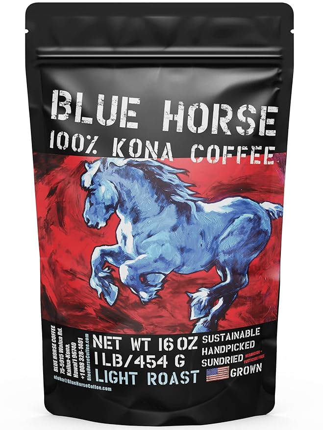 Blue Horse 100% Kona Coffee, Light Roast, Arabica Whole Beans, 1 lb (16 oz) Bag, Farm Fresh, Authentic Hawaiian Coffee from the Big Island