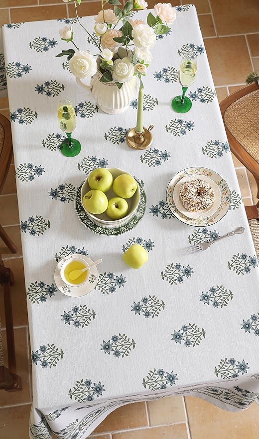 ISAENNE Designer White Linen Long Rectangle Tablecloth,Chinoiserie Floral Elegant Indoor Table Cloth,Fall Stain Proof Decor Tablecloths for Dining Thanksgiving Kitchen,63"*94"-Mosella F