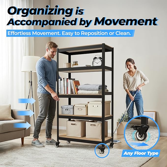 HOMEDANT House 5-Tier Metal Rolling Cart Shelf Rack Casters Heavy Duty Laminated Wheel Shelving Unit Adjustable Utility Storage Shelves Organizer Shelf Kitchen Garage 36.2" W x 16.5" D x 69.5" H 4Pack