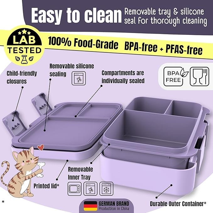 BEARFOOT Kids Lunch Box with Compartments – Compact & Lightweight | Leak-Proof, BPA-Free, Dishwasher & Microwave Safe | Hand-Drawn Design for Preschool, School, Travel (Purple, 2.75 Cups)