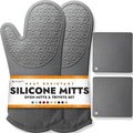 HOMWE Silicone Oven Mitts and Pot Holders, 4-Piece Set, Heavy Duty Cooking Gloves, Kitchen Counter Safe Trivet Mats, Advanced Heat Resistance, Non-Slip Textured Grip, Gray