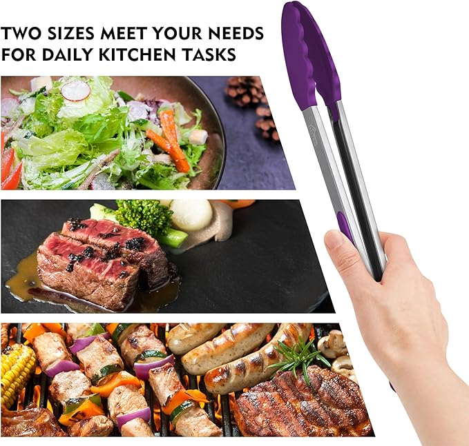 HOTEC Premium Stainless Steel Locking Kitchen Tongs with Silicon Tips, Set of 2-9" and 12" (Purple)