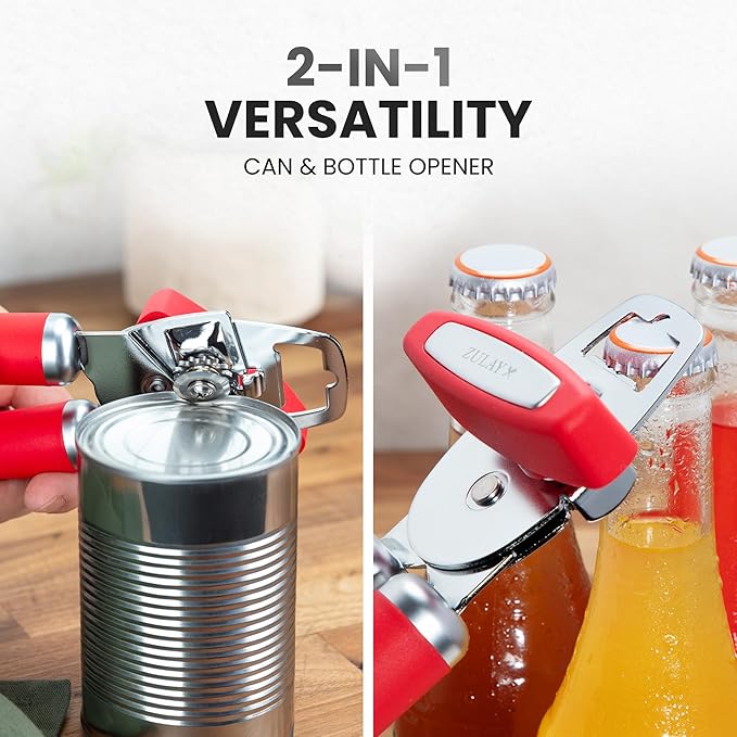 Zulay Kitchen Heavy Duty Stainless Steel Can Opener Manual with Bottle Opener - Rust Proof Manual Can Opener With Turn Knob & Comfy Soft Grip Handles - Cherry Red