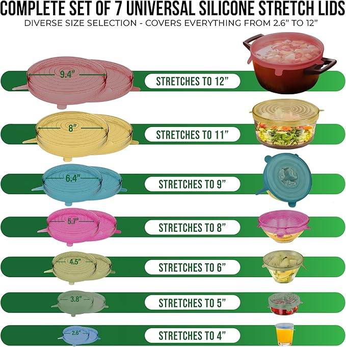 Reusable Silicone Stretch Lids for Food Storage in Fridge - Elastic Heat-Resistant Bowl Covers, Cups, Cans, Jars - Universal Food Grade Lid for Round and Rectangle Containers - 7 Pack - Multicolor