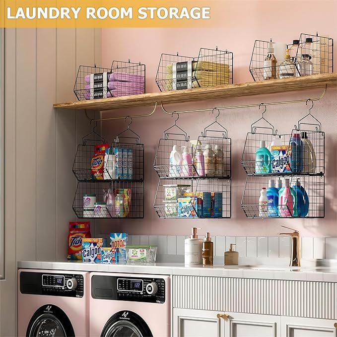 X-cosrack 3-Tier Hanging Storage Organizer for Closet, Laundry & Utility Room | Space Saving Shelves with 1.65" Hook & 5 S-Hooks | Hanging Wire Baskets (12.4" W x 8.8" H x 10.24-11.8" D)
