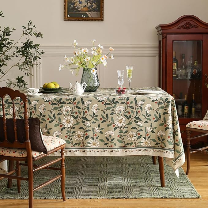 ISAENNE Designer Green Linen Long Rectangle Tablecloth,Floral French Country Indoor Table Cloth,Stain Resistant Home Decor Tablecloths for Dining Kitchen Thanksgiving Party,63"*94"-Brune