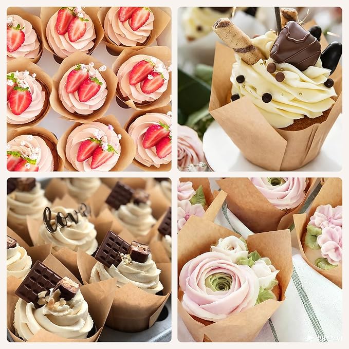 200pcs Natural Tulip Cupcake Liners, Premium Muffin Liners Holders for Baking Cups, Greaseproof Cupcake Wrappers in Standard Size, Classic Parchment Paper Cupcakes Liner by JIRNGLA