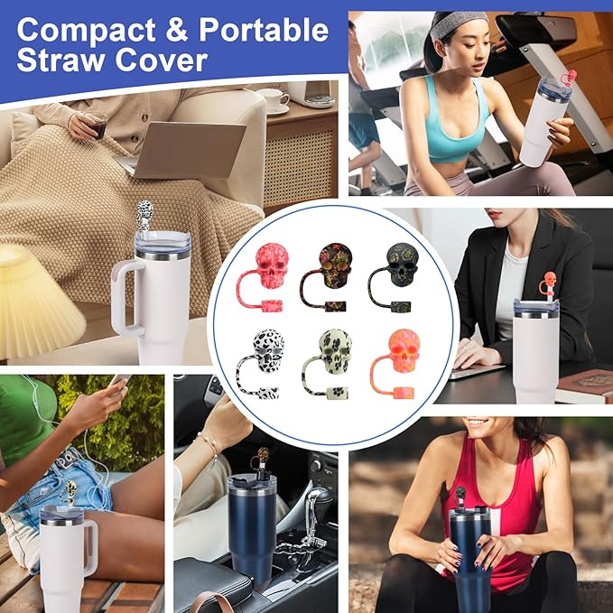 6Pcs 10mm/0.4in Silicone Straw Toppers - Cool Skull Shape Straws Tumbler Accessories for Man & Woman - Reusable&Dust-proof Straw Covers Cap Compatible with Stanley Cup 30 40oz with Handle