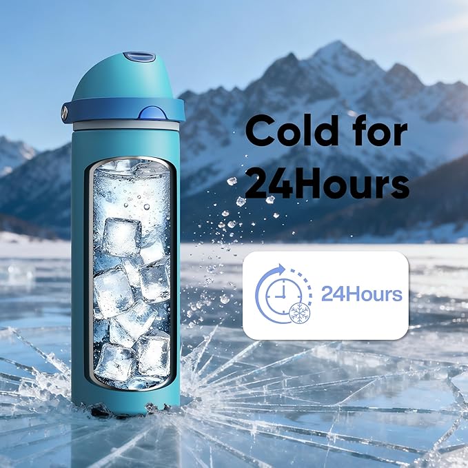 Insulated Water Bottle with Straw - Encool Stainless Steel Water Bottle with Push Button Lid, Leak-Proof & BPA-Free, Keeps Cold for 24 Hours for Sports, Travel, Gym (32 oz, Silk Blue)
