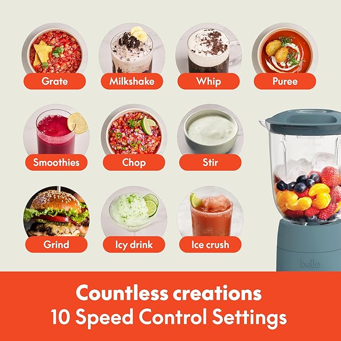bella 10 Speed Countertop Blender, Juicer & Smoothie Maker, Fits-anywhere™ Kitchenware, Slim Flip & Store Design, Dishwasher Safe 48oz Capacity Pitcher & Lid, Stainless Steel Blade, 450 Watt, Surf