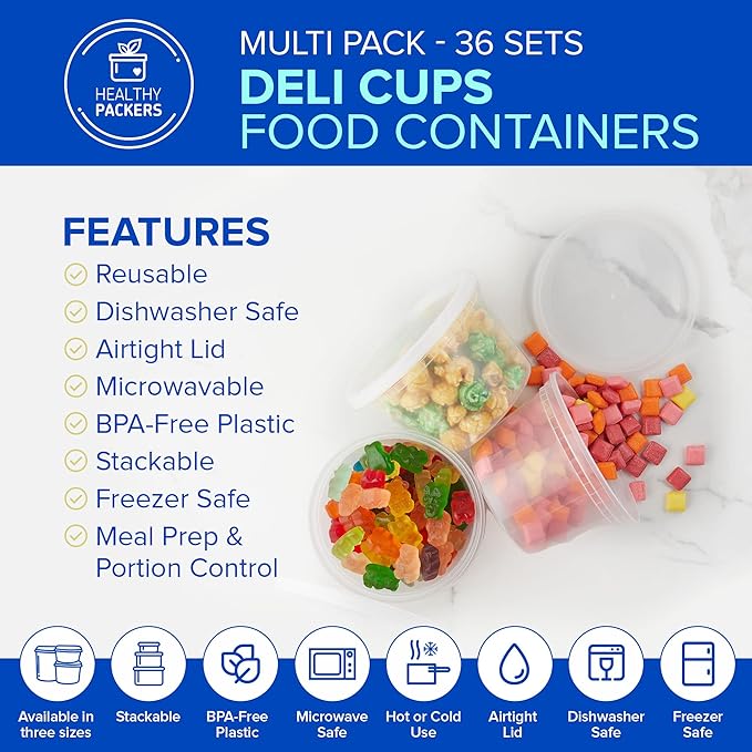 Healthy Packers Food Storage Containers with Airtight Lids - Clear Plastic Food Storage Jars - BPA Free| Leakproof - Microwaveable - Reusable - Dishwasher & Freezer Safe (8oz, 16oz, 32oz) 36 Pack