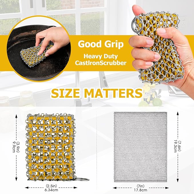 Cast Iron Scrubber,Easily Removes Stains, Protects Coatings, with Bamboo Fiber Cloth & Pan Scraper, Ideal for Cast Iron Pans, Dutch Roast Pans