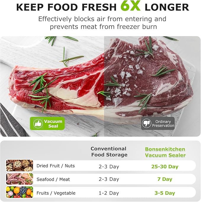 Bonsenkitchen Vacuum Sealer Machine with 40 Bags | Compact Food Sealer for Kitchen Storage & Meal Prep | Multiple Modes | External Vacuum System, Black