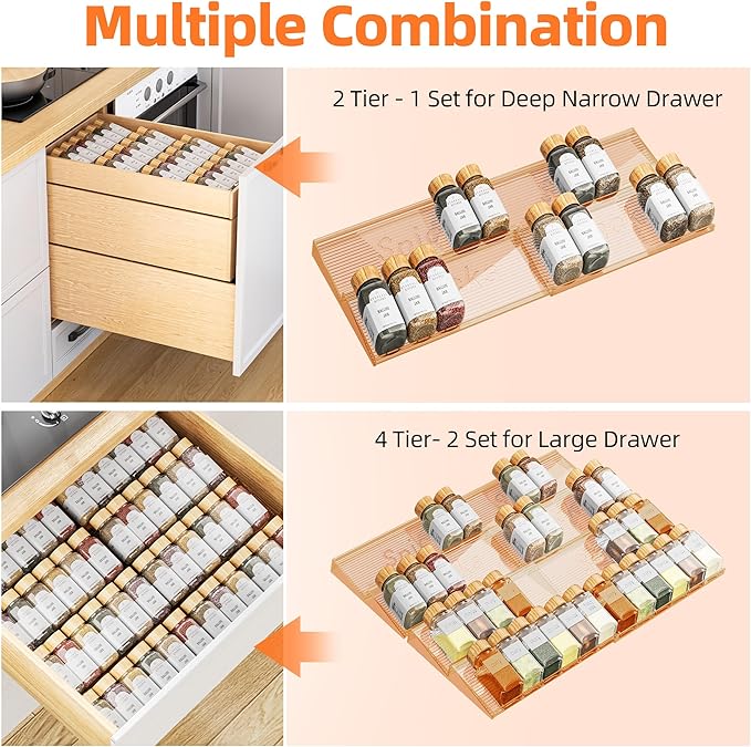 8 Packs Spice Drawer Organizer, 2-Tier Acrylic Drawer Seasoning Organizer, Expandable From 11'' to 22'' Kitchen Spice Rack Organizers and Storage for Drawer (Jars not included), Amber